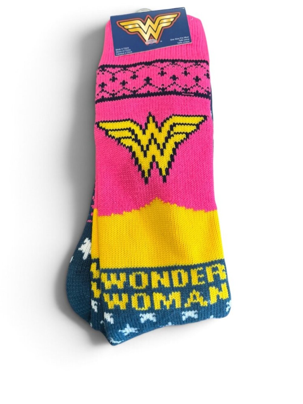 NWT DC Comics Wonder Woman Cozy Knee High Crew Socks Pink Blue Yellow Stars Logo